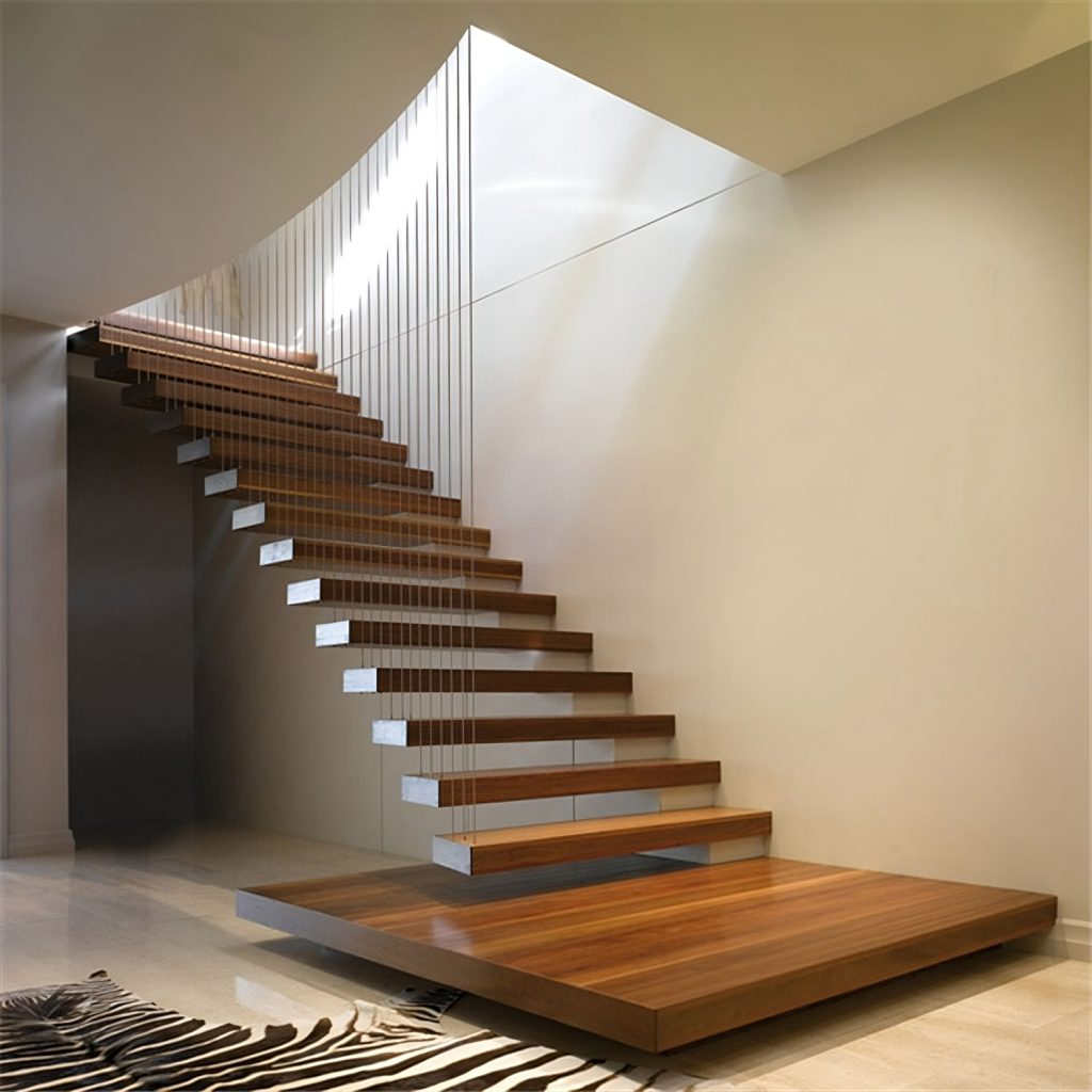 Floating staircase with open treads in a modern Texas interior